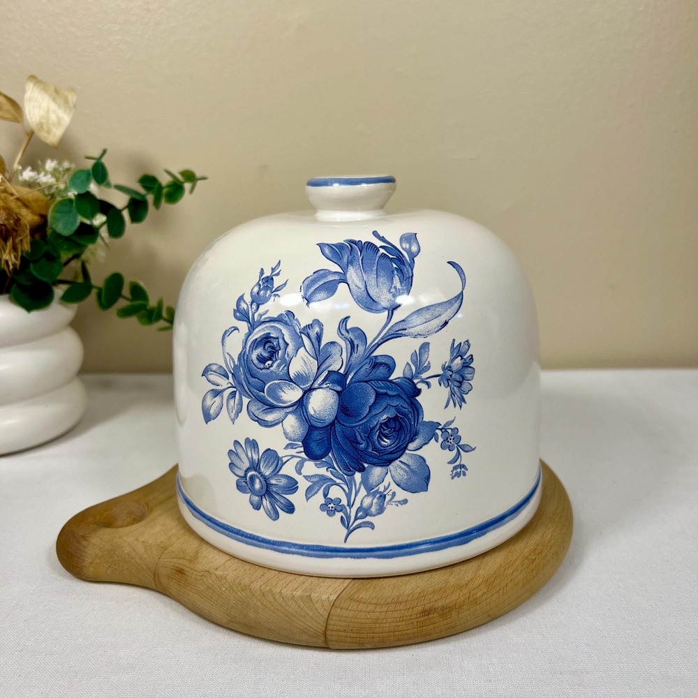 Vintage Porcelain Floral Cheese Ball Cover w/ Wood Base